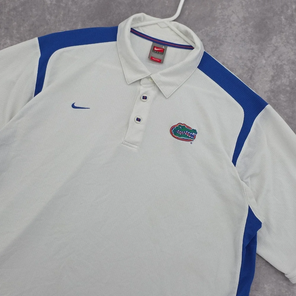 Vintage Florida Gators Nike Team Polo Shirt Mens L White Blue FIT DRY Athletic